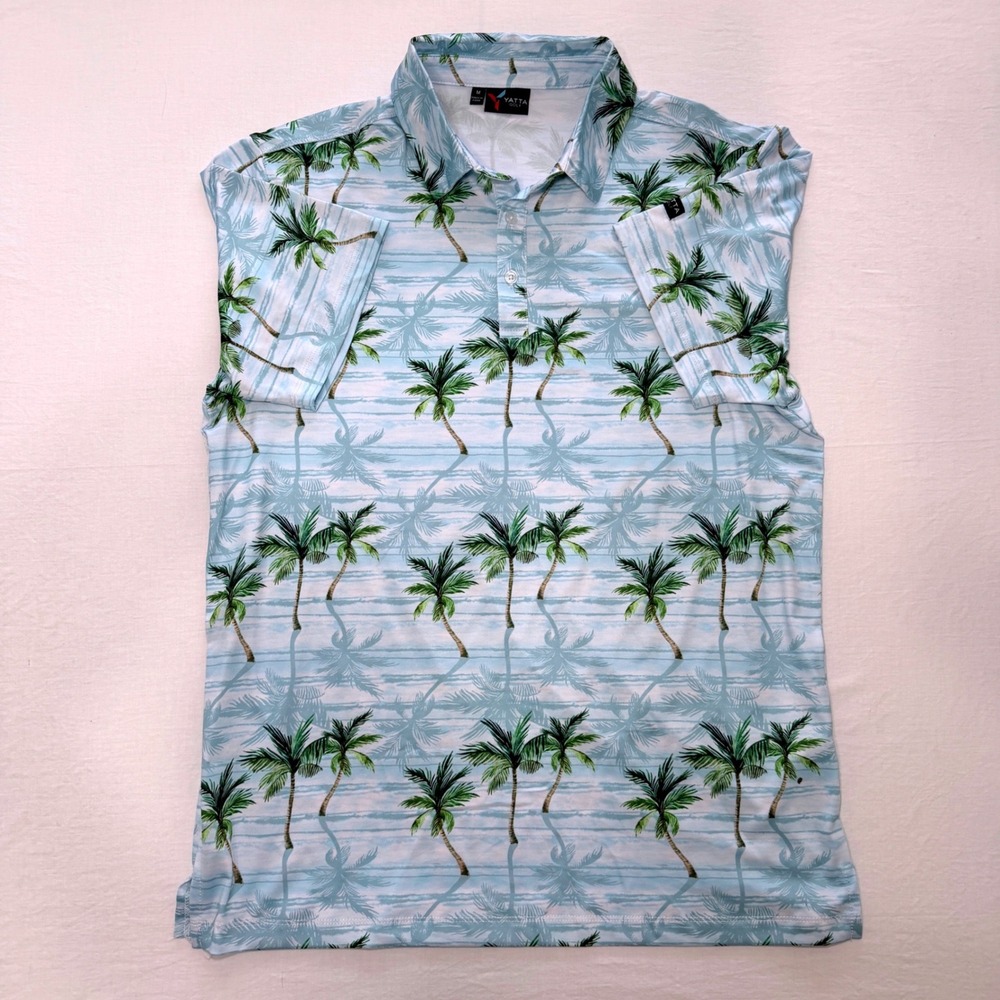 Yatta Golf Mens Medium Palm Tree Tropical Performance Polo Blue White Golf Top